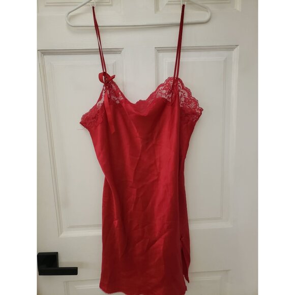Victorias Secret Angel Red Lace Satin Nightgown Slip Dress Bow Adjustable Straps - Picture 4 of 16